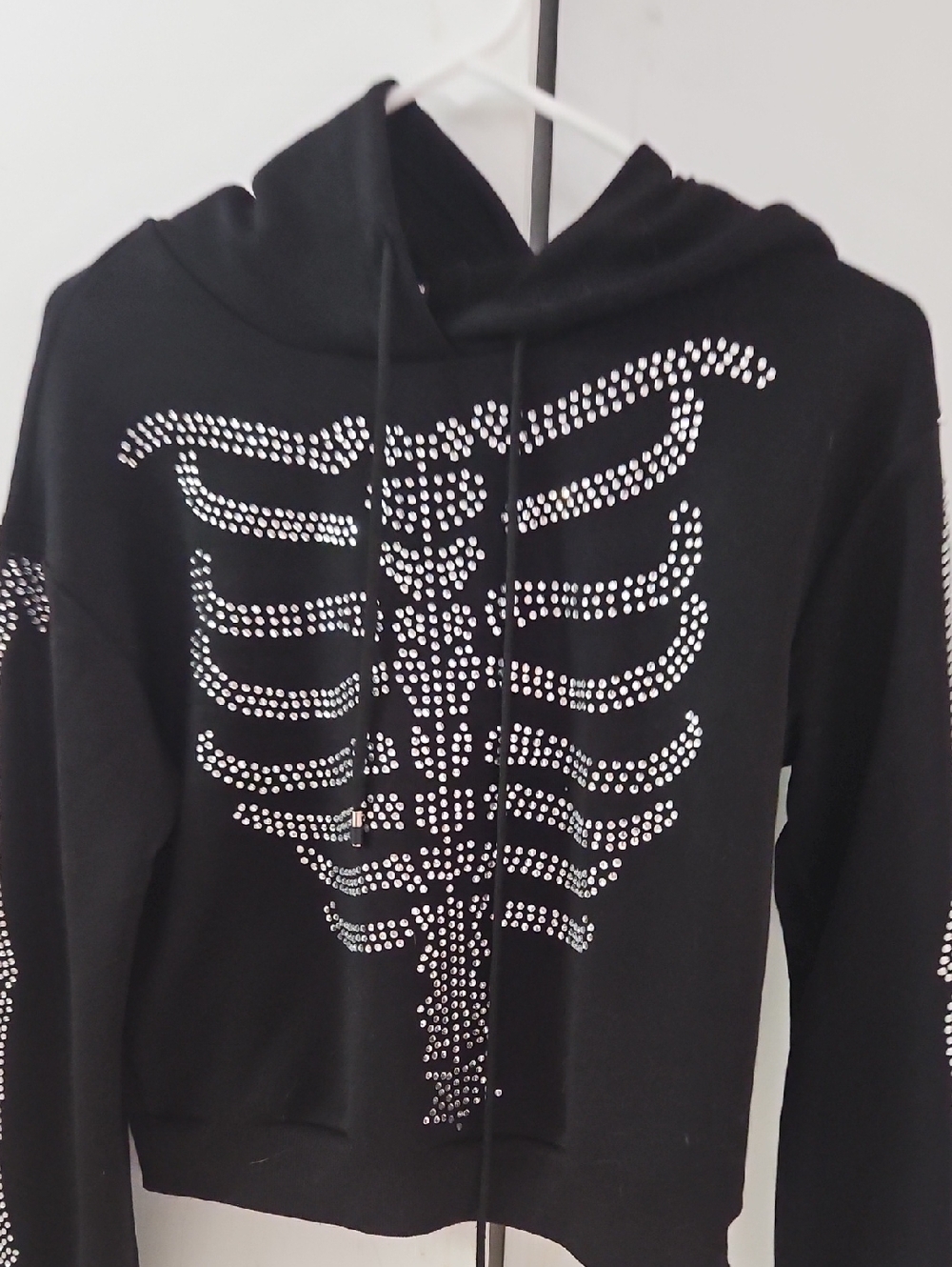 Black Hoodie with Silver Rhinestone Skeleton Design